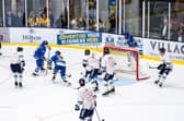 OPENING SALVO: Finley Bradon (#33) slots home Leeds Knights' first goal in Sunday night's 5-1 win against Peterborough Phantoms at Elland Road Ice Arena. Picture: Kev Bland/Knights Media