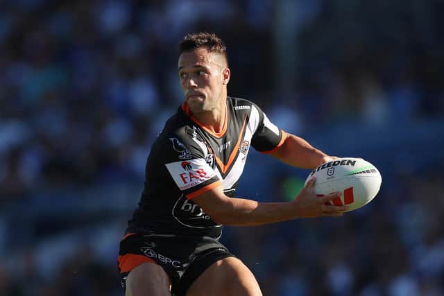 Luke Brooks in action for Wests Tigers against Canterbury Bulldogs at Belmore Sports Ground in Sydney this season. Picture by Mark Metcalfe/Getty Images.
