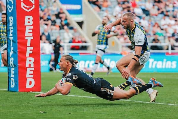 Jacob Miller scored Tigers' opening try in the Magic Weekend win over Leeds. Picture by Alex Whitehead/SWpix.com.