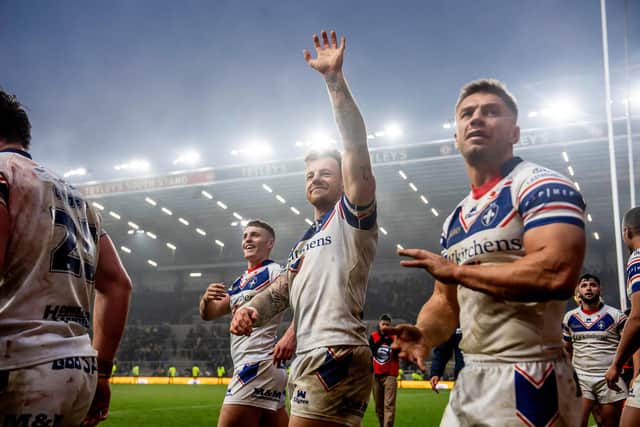 Trinity winger Tom Johnstone celebrates the round one win at Leeds Rhinos which was arguably the highlight of Wakefield's positive season so far. Picture by Allan McKenzie/SWpix.com.