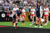 Brodie Croft, seen scoring for Leeds Rhinos against Hull KR in Las Vegas, has yet to sign a contract for 2027. Picture by Alex Whitehead/SWpix.com.