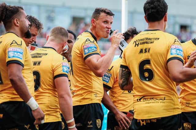 Louis Senior, with bottle, avoided a ban after being sin-binned during Castleford Tigers' defeat at Leigh Leopards. Picture by Alex Whitehead/SWpix.com.