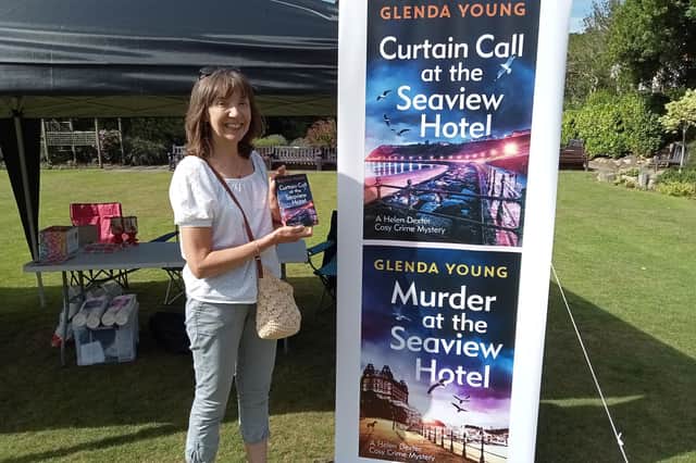 Glenda Young launches her latest cosy crime novel in Shuttleworth Gardens, Scarborough