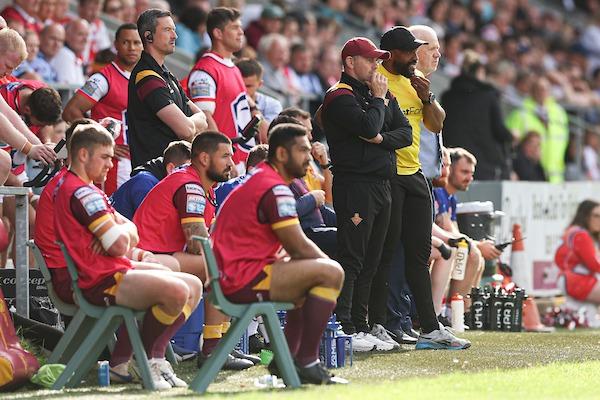 Still a long shot, but - at 25/1 - not quite as long as they were before some recent improved form. Picture shows Giants' bench during last week's loss at St Helens.