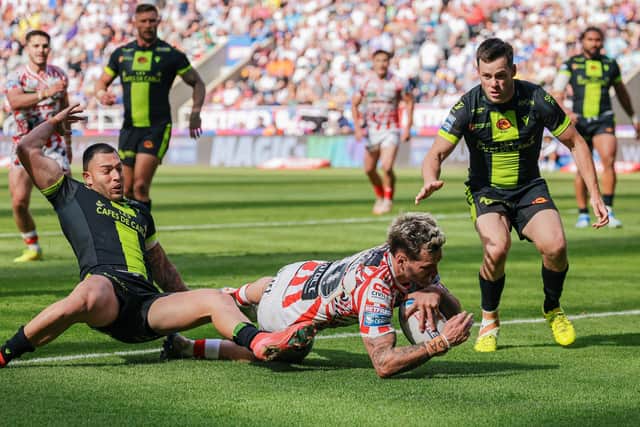 New Leeds Rhinos signing Ethan O'Neill seen scoring for Leigh Leopards against Catalans Dragons at last season's Magic Weekend in  Newcastle. Picture by Alex Whitehead/SWpix.com.