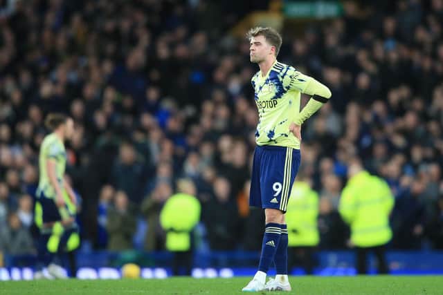 DAMAGING DEFEAT - Leeds United's Patrick Bamford pictured at full-time after a 1-0 loss at Everton. Pic: Getty