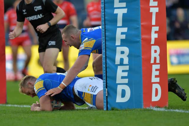 Matt Prior scores for Rhinos against Hull KR in April. Picture by Bruce Rollinson.