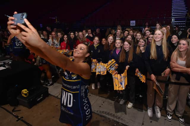 Leeds Rhinos captain Nia Jones takes a selfie with fans at the Arena (Picture: MATTHEW MERRICK PHOTOGRAPHY)