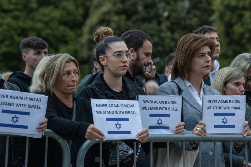 Members of the Leeds Jewish community hold a vigil in Millennium Square following the attacks on Israel by members of the militant group Hamas. Photo: Tony Johnson