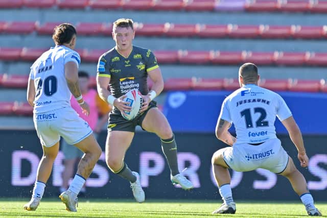 Harry Newman on the attack for Leeds Rhinos against Toulouse Olympique last Friday. Picture by Fabrice Rodriguez/SWpix.com.