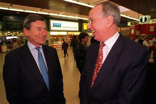 The two meet. Rail Regulator John Swift, left, and British Rail chairman John Welsby meet at Leeds City Station after it was  awarded overall winner of the 1995 best station competition.