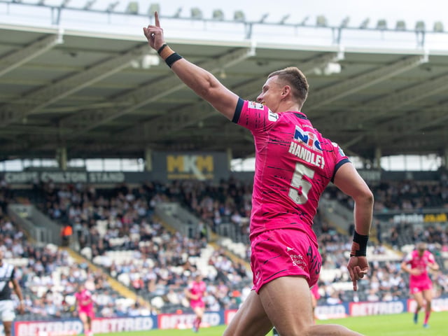 Ash Handley became the first Rhinos player for 10 years to score five tries in a game during a record 62-16 win at Hull on July 2.