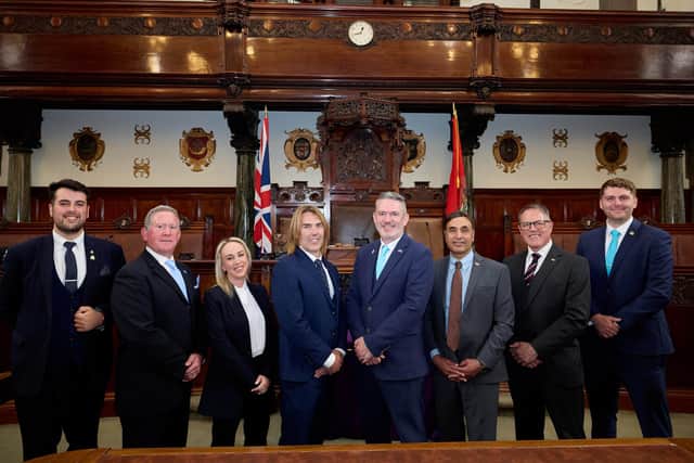 Wakefield Council's new cabinet members. l-r: Matthew Caton, Julian Carter, Rebecca Webster, Karl Johnson, John Thomas, Ansar Hayat, Andrew Wakefield, Matthew Pinder. Image: Wakefield Council