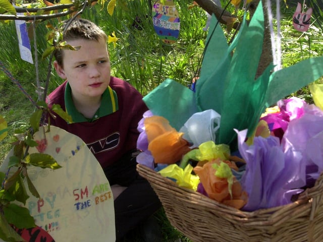 Pupil Damian Morris looks at some of the Easter decorations on trees at Beeston Primary School. Pictured in April 2003.