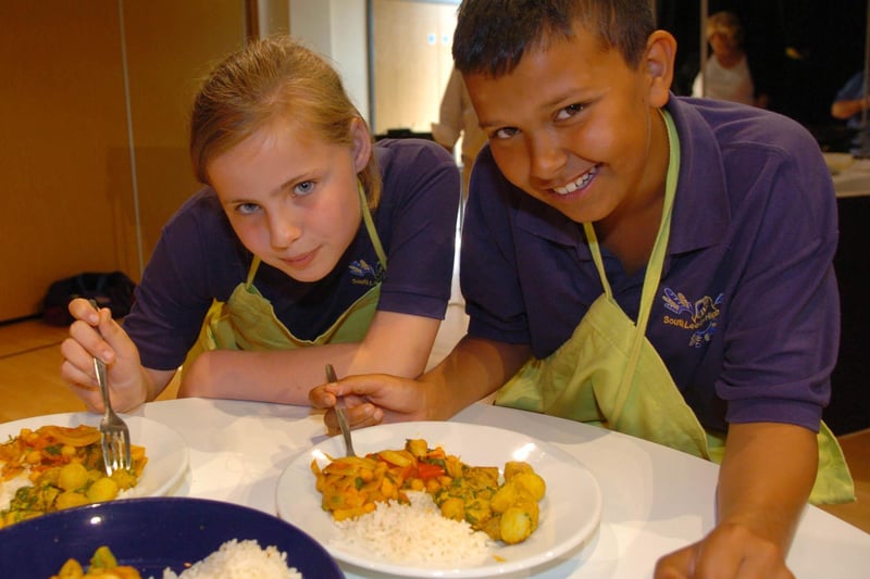 Healthy Eating Countdown at South Leeds High School in July 2008. Pictured with their food are pupils Kayleigh Donohue and Aaron Bierton.