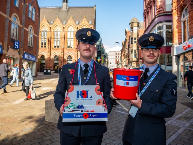 The Royal British Legion’s annual fundraising collection day is supported by members of the Armed Forces from Yorkshire. Pictured are Chris Walsh and Tom Howell, from 90 Signals Unit is based at RAF Leeming, collecting in Leeds city centre.