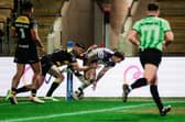 Tom Johnstone scores the first of his two tries for Wakefield Trinity in Friday's win at York Knights. Picture by Alex Whitehead/SWpix.com.