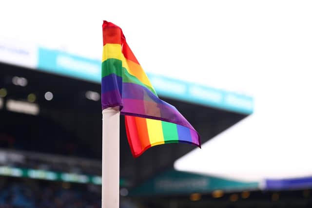 LEEDS, ENGLAND - OCTOBER 23: A general view of a rainbow corner flag showing support for the Rainbow Laces campaign prior to the Premier League match between Leeds United and Fulham FC at Elland Road on October 23, 2022 in Leeds, England. (Photo by George Wood/Getty Images)