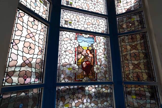 The restored 12-panel bay window in Moorfield Lodge