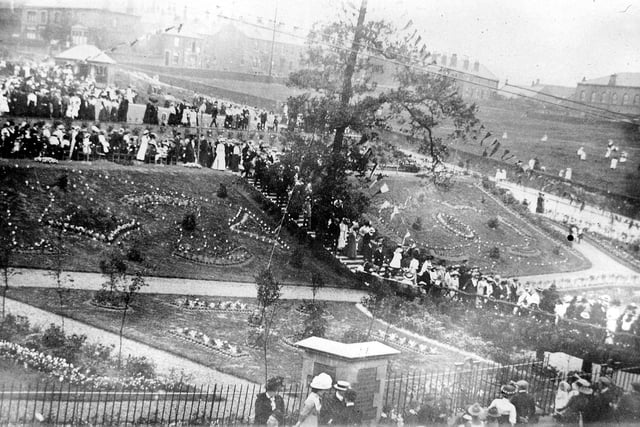 Scatcherd Park on the day of its opening in July 1911. Crowds are seen lining the main pathways and steps. The park, which included gardens, seating and a bowling green, was bequeathed to the town in the will of Oliver Scatcherd.He was last member of a family who had a long history in the town.The park was opened on behalf of his trustees by former Town Clerk Richard Borrough Hopkins.