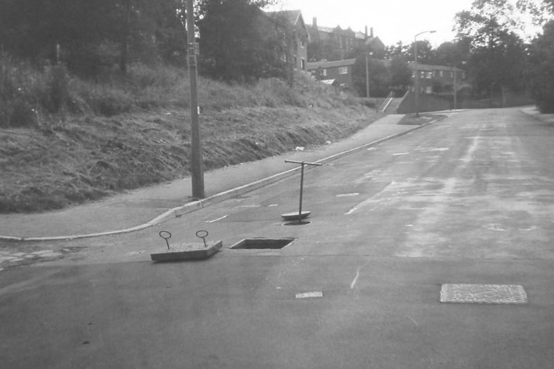 Servia Hill by the junction with Devon Road, showing the position of a fire tank, an underground chamber with direct access to the city's water mains for use by the fire service in the event of a major fire in the area.