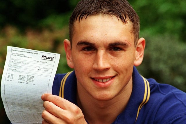 Leeds Rhinos legend Kevin Sinfield with his A-level results in August 1999.