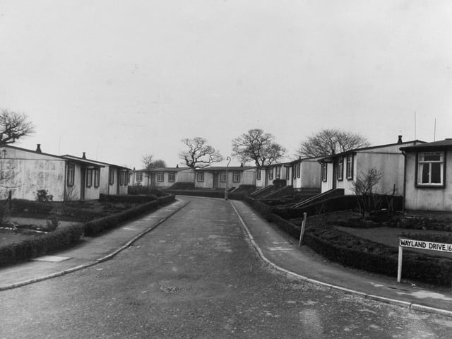 Prefabricated houses on Wayland Drive, Long Causeway in Adel. Pictured in February 1957.