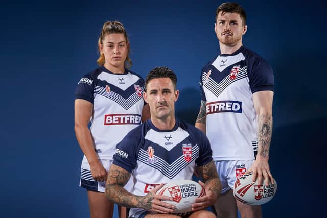 England's Emily Rudge, Lewis King and John Bateman  in the new World Cup kit. Picture by England RL.