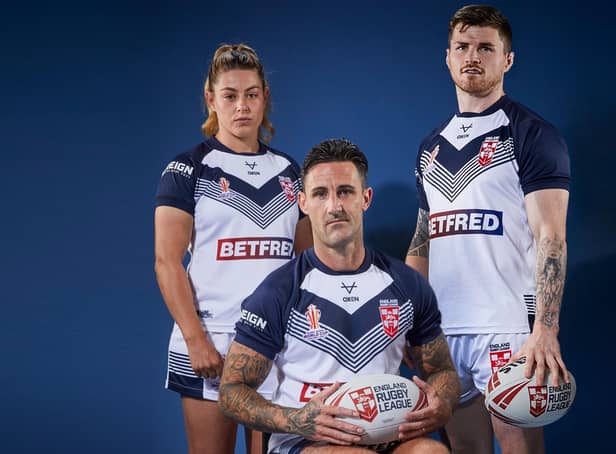 England's Emily Rudge, Lewis King and John Bateman  in the new World Cup kit. Picture by England RL.