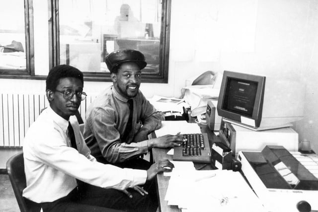 Pictured in October 1986 are Jeoffrey 'Scully' Walwyn and David Phillips who had recently completed a one-year course in Computer Studies at Technorth in Harrogate Road. This had enabled them to take part in a work placement scheme in the Council's Public Works Department.