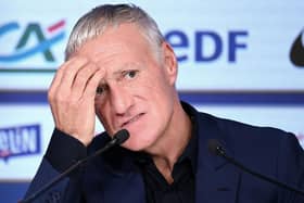 French national football team coach Didier Deschamps reacts during a press conference in Paris on September 15, 2022, to announce the list of players selected for the matches of the French football team for the UEFA Nations League. (Photo by FRANCK FIFE / AFP) (Photo by FRANCK FIFE/AFP via Getty Images)