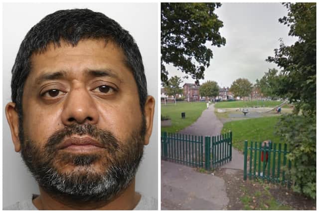 Yaseen grabbed the girl in the park in Agbrigg. (pic by WYP and Google Maps)