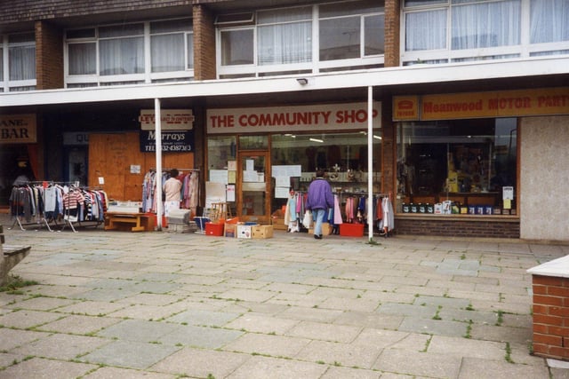 Part of a parade of shops on Green Road pictured in June 1992. On the right is Meanwood Motor Parts and in the centre The Community Shop.