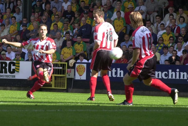 A lovely curling free-kick, up and over the wall and into the top corner to give the Blades a first-minute lead on their way to a 3-2 win at Carrow Road