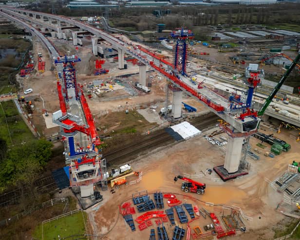 HS2 Water Orton 1 and 2 erections over the Birmingham to Nuneaton line. Credit: HS2 Ltd.
