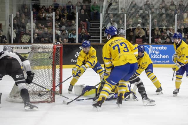 LEVELLING UP: Jack Musil (left) forces home the rebound to draw Hull Seahawks level with Leeds Knights on Wednesday. Picture: Adam Everitt/Seahawks Media.