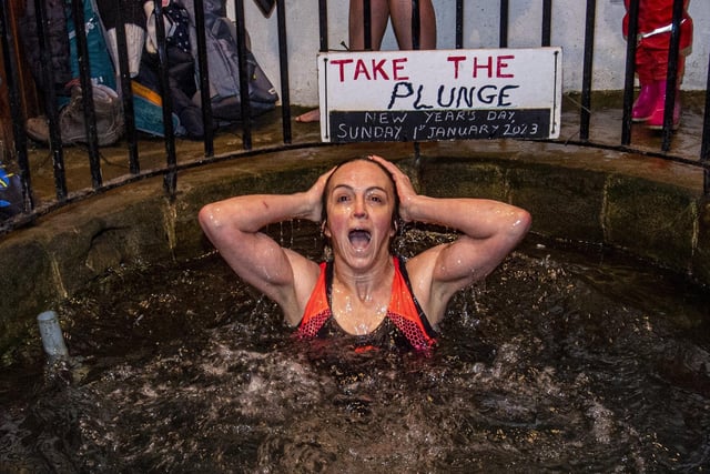 Jane Harris braves the cold water in the plunge pool at White Wells on Ilkley Moor