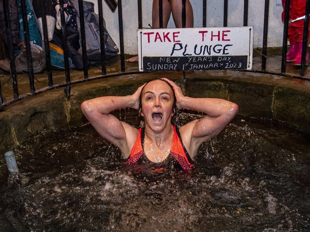 Jane Harris braves the cold water in the plunge pool at White Wells on Ilkley Moor