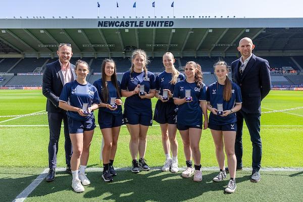 Rhiannon Horsman from Leeds was among an all-female match official team for the Year 10 Girls' Champion Schools final at Magic Weekend. Pictured with the RFL's Robert Hicks and Tony Sutton are (left-right): Esmai Wright (touchjudge), Rebecca Floyd (reserve official), Rhiannon Horsman (touchjudge), Megan Mills (referee), Olivia Leech (in goal judge), Niamh Bragg (in goal judge).
