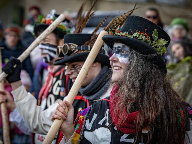 Wharfedale Wayzgoose Border Morris at the 5th Wassail held at the Otley Chevin Orchard Project (near the White House) above Otley on Saturday. Photograph by Tony Johnson.  10th January 2026.