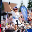 Tom Pidcock celebrates a solo win in the  Men Elite XCO round of the UCI Mountain Bike World Series in the Czech Republic.