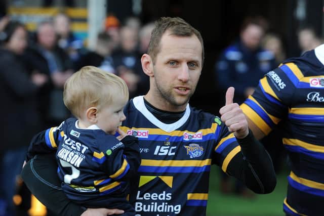 Rob Burrow and son Jackson at a fundraising game in his honour, which was also a testimonial for Jamie Jones-Buchanan, in January, 2020. Picture by Steve Riding.