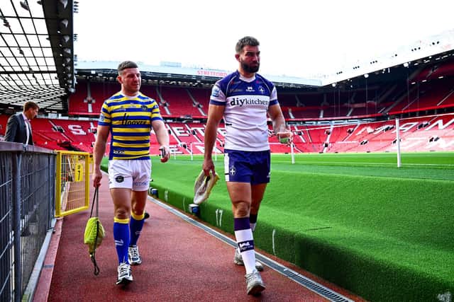 Wakefield Trinity skipper Mike McMeeken, right and Warrington Wolves captain George Williams seen at Old Trafford this week. Both have past Grand Final experience. Picture by Olly Hassell/SWpix.com.