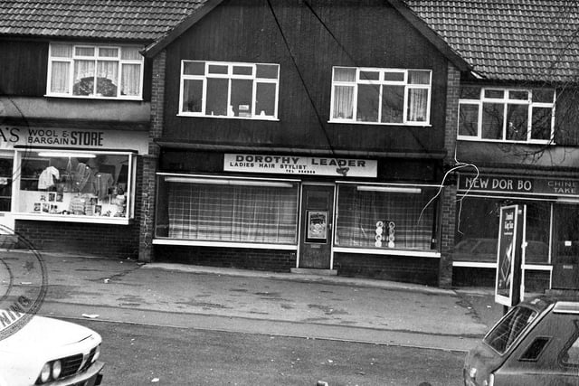 Part of a parade of shops on the south side of Easterly Road opictured in January 1980. They are Dorothy Leader ladies hair stylist, in the centre, the site of a proposed estate agent's office. On the left is Katrina's wool and bargain store, No.246, and on the right, New Dor Bo, chinese takeaway, No.242.