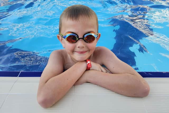 Young athlete Alfie Calam, seven, from Bramhope, is swimming the entire length of the English Channel in his local pool in aid of Leeds charity the Children's Heart Surgery Fund.