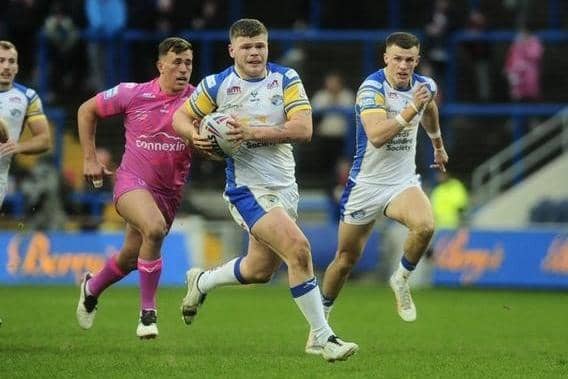 Tom Nicholson-Watton on the charge for Leeds Rhinos against Hull KR in pre-season. Picture by Steve Riding.