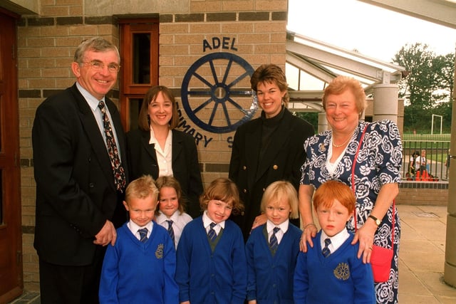 Adel Primary School in September 1996. Pictured, back row from left, are staff Alan Padden, Liz Singleton, Hazel Burley and Meg Hogan. Pupils, from left, are Joe, Eleanor, Lorna, Hanna and  Cameron.