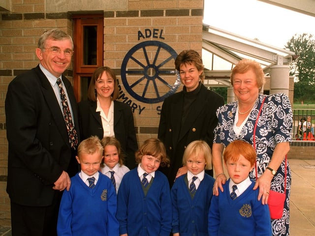 Adel Primary School in September 1996. Pictured, back row from left, are staff Alan Padden, Liz Singleton, Hazel Burley and Meg Hogan. Pupils, from left, are Joe, Eleanor, Lorna, Hanna and  Cameron.