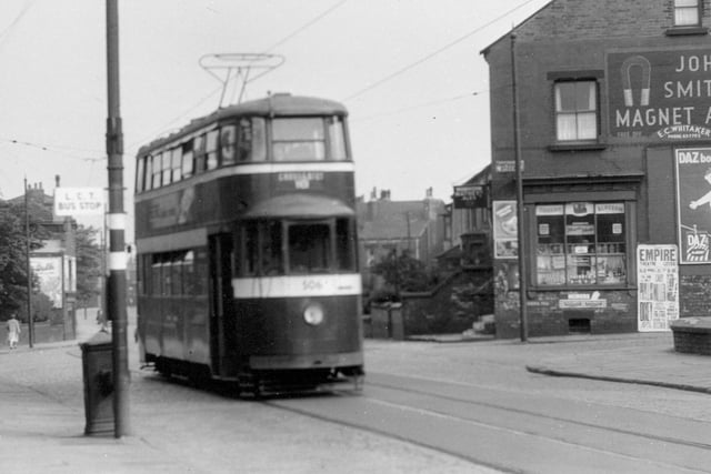Tram no 506 at Whingate on route 18 to Cross Gates in July 1956.