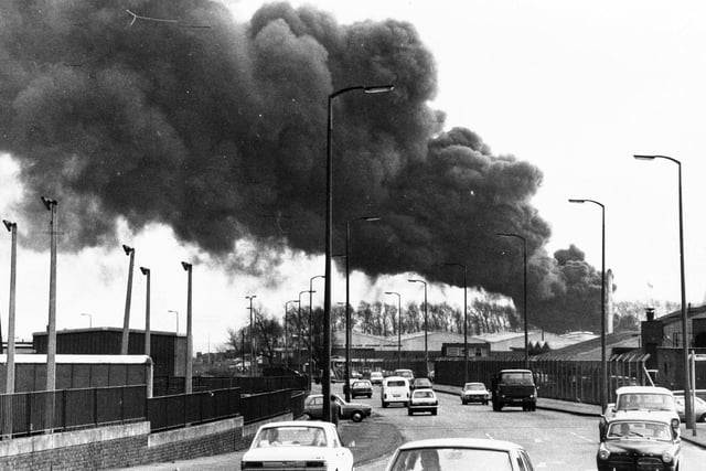 A burning tyre dump on Pontefract Lane at Cross Green in February 1976.